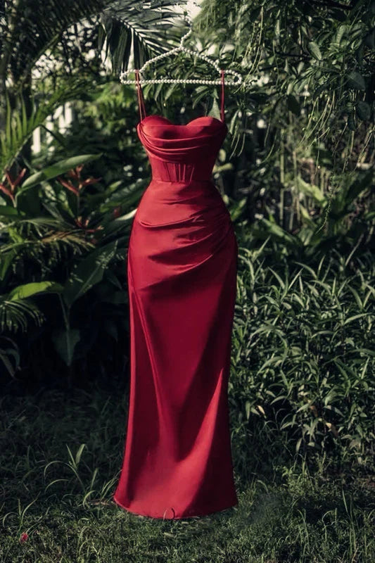 Wholesale New Sheath Strapless Satin Slit Sleeveless Burgundy Evening Dress Prom Dresses formal wear dresses 